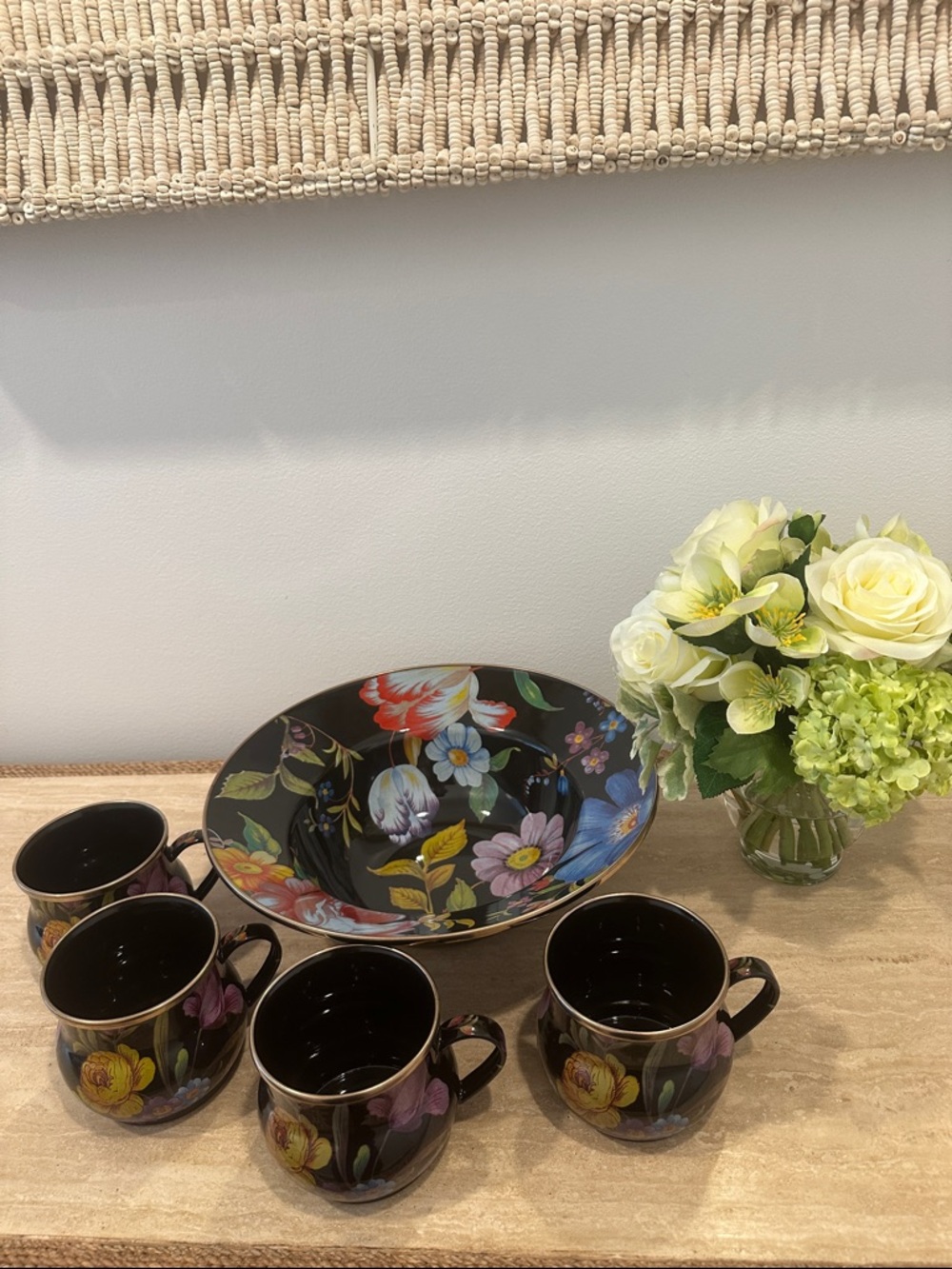 MacKenzie-Childs Black Floral Serving Bowl with Gold Trim